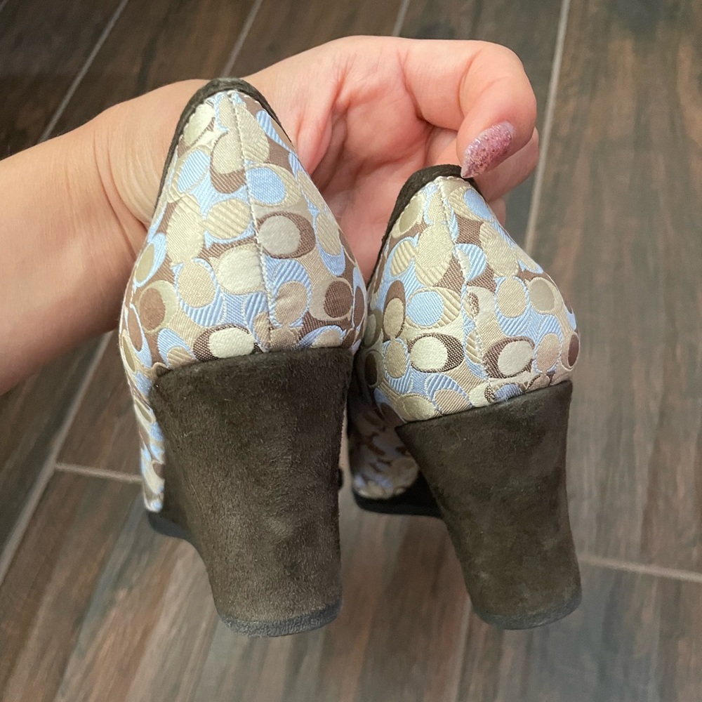 Coach Signature Jacquard Wedge Pumps in Blue, Brown, Cream - Picture 5 of 7